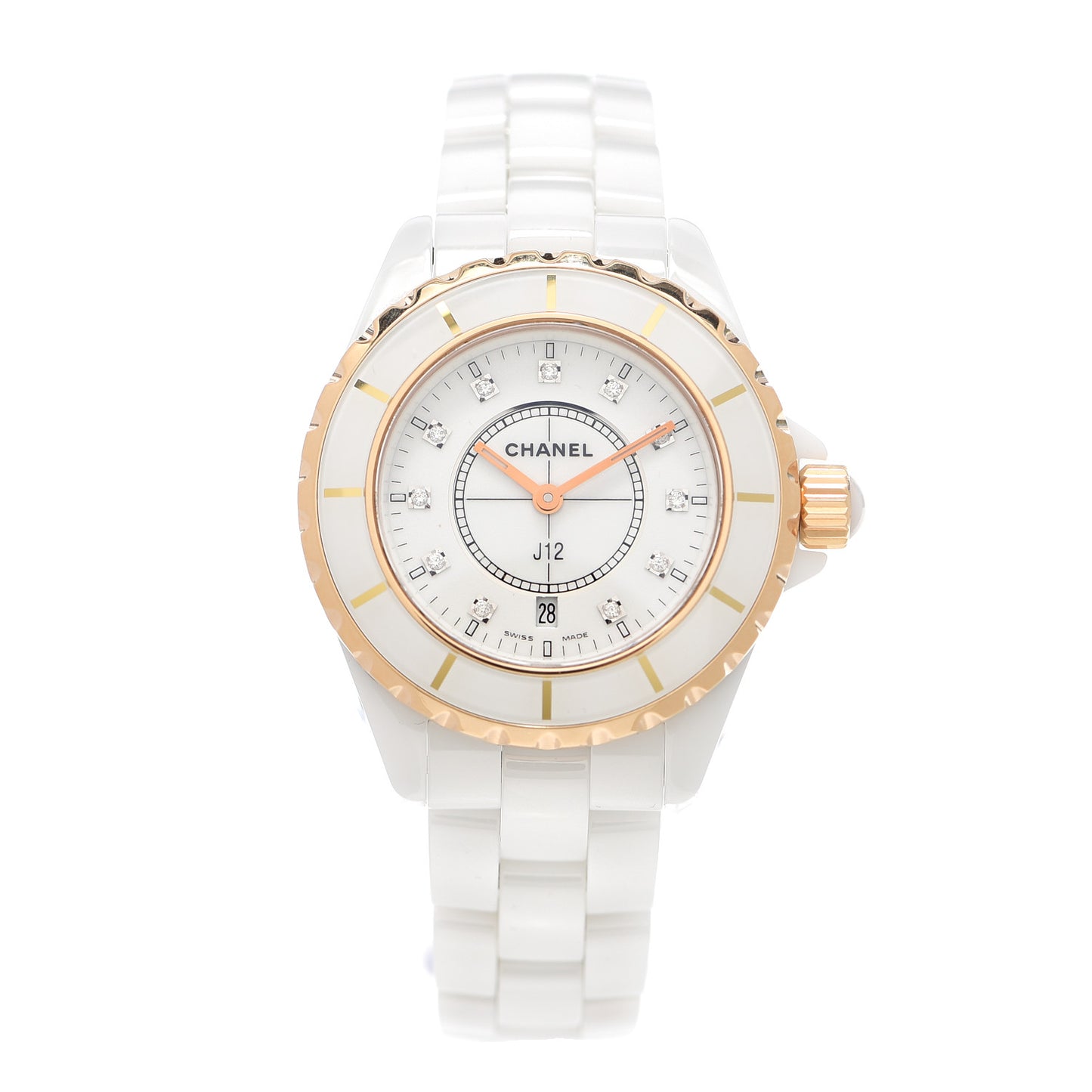 Stainless Steel 18K Beige Gold Ceramic Diamond 33mm J12 Quartz Watch White