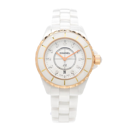 Chanel Stainless Steel 18K Beige Gold Ceramic Diamond 33mm J12 Quartz Watch White 1 of 5
