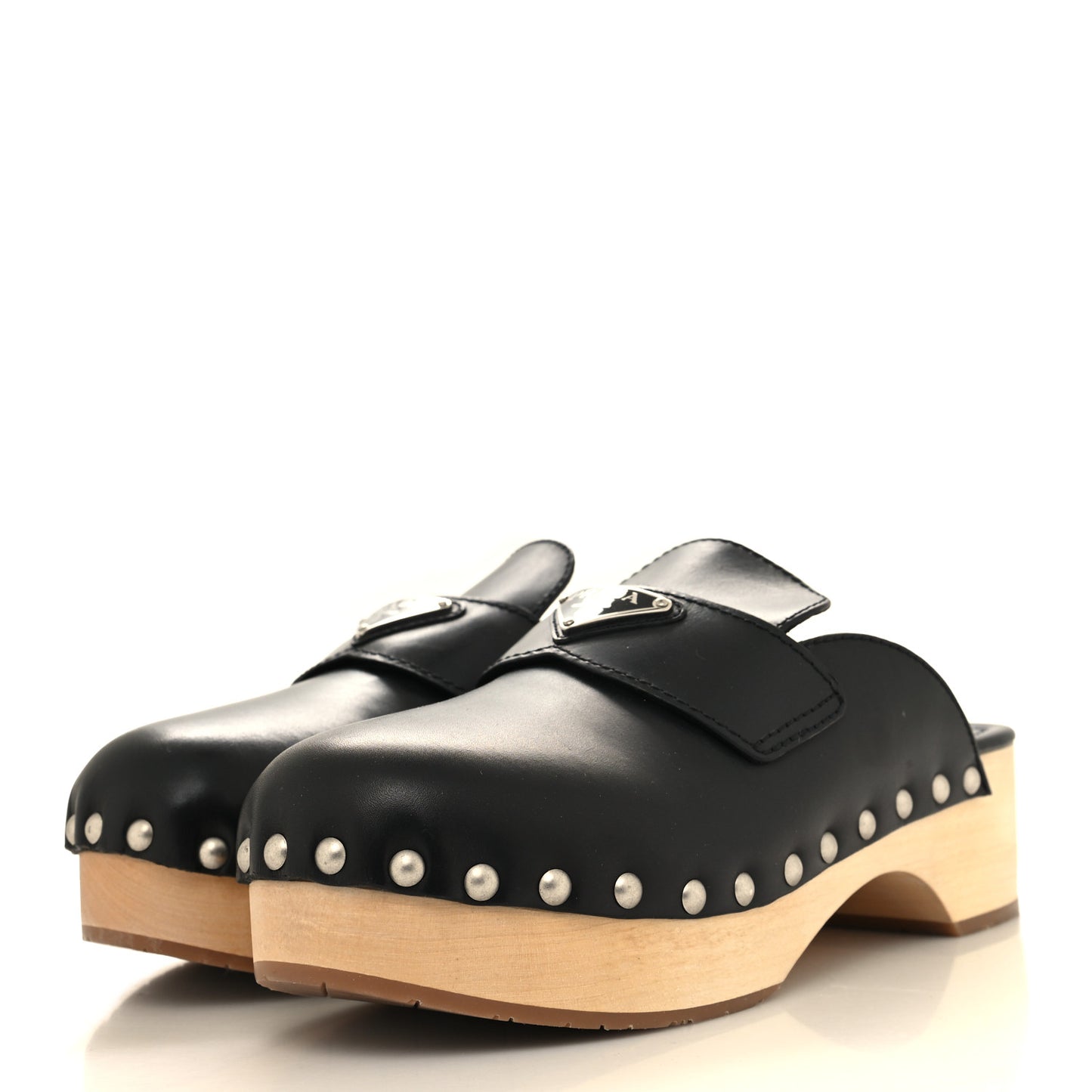 Natural Calfskin Metal Triangle Logo 45mm Clogs 39 Black Sabbia