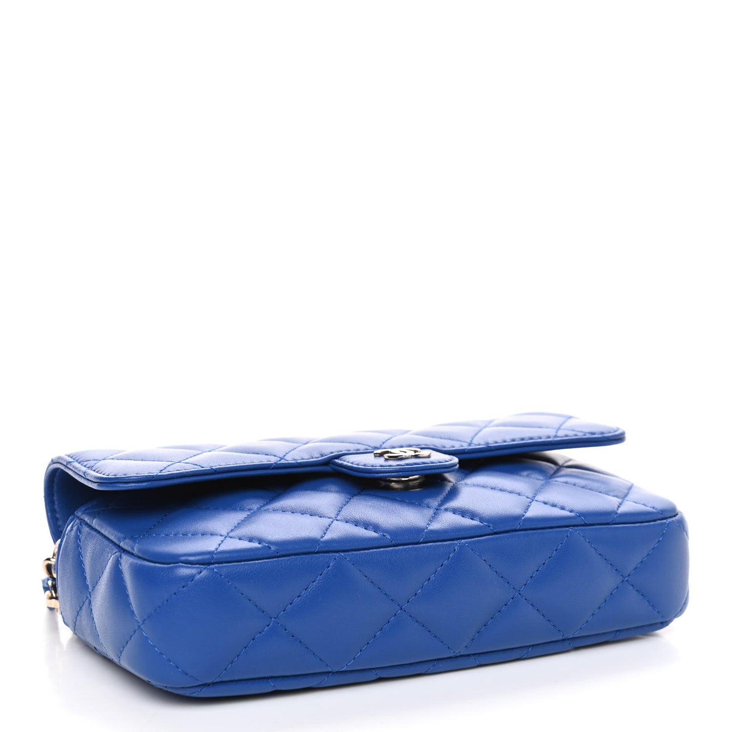 Lambskin Quilted Flap Phone Holder With Chain Blue