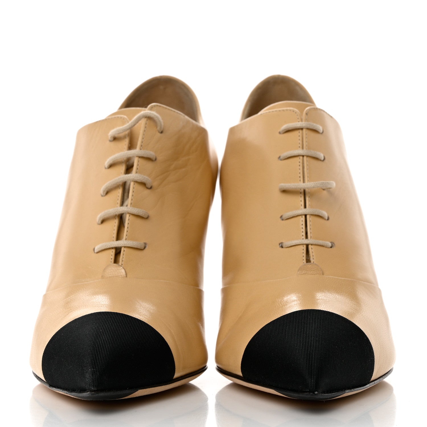 Chanel Goatskin Lace Up Cap Toe Booties 39.5 Beige Black 2 of 9