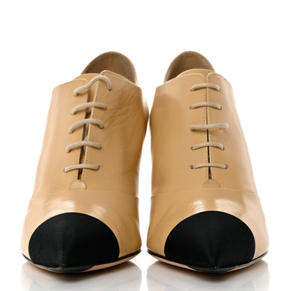 Chanel Goatskin Lace Up Cap Toe Booties 39.5 Beige Black 2 of 9