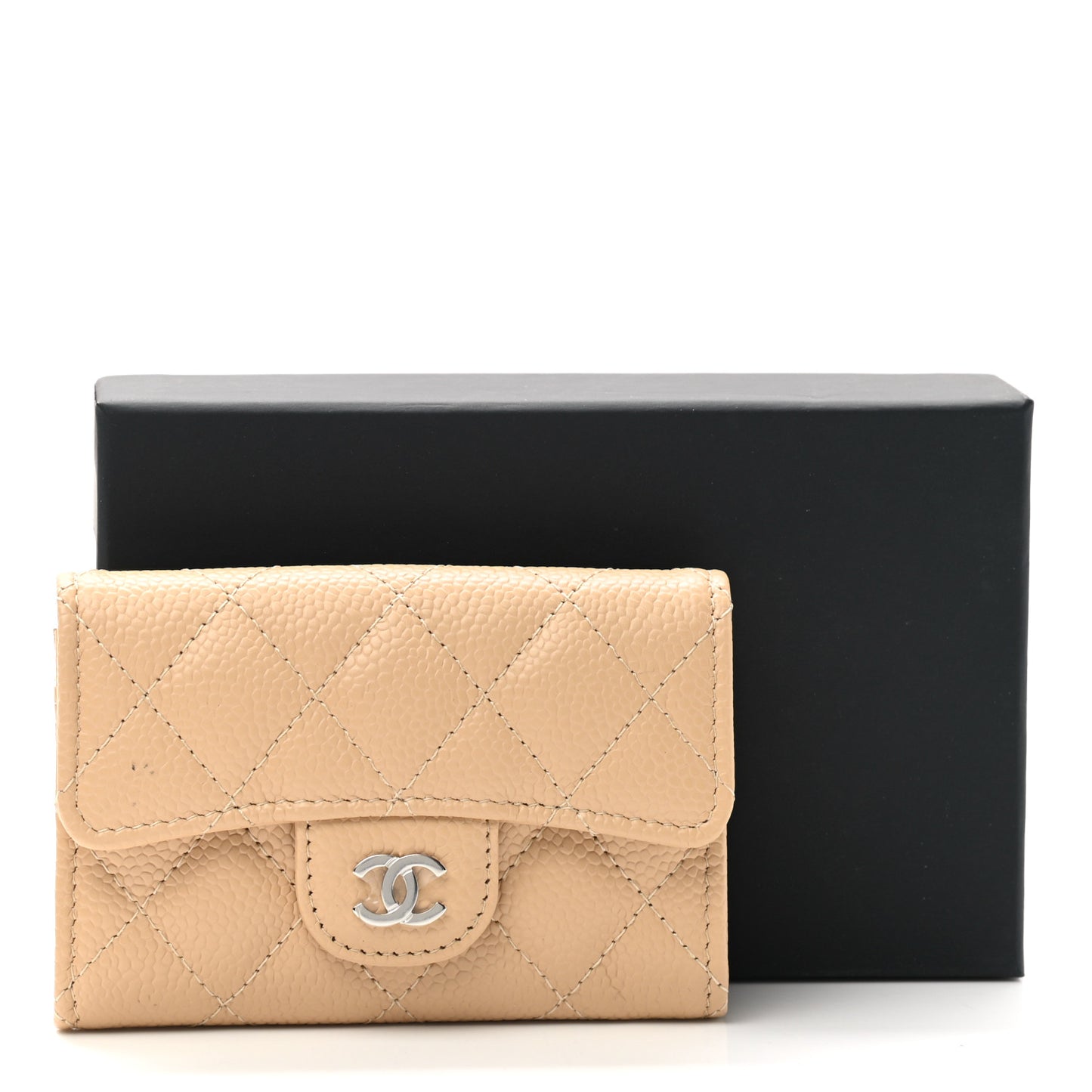 Caviar Quilted Flap Card Holder Wallet Beige