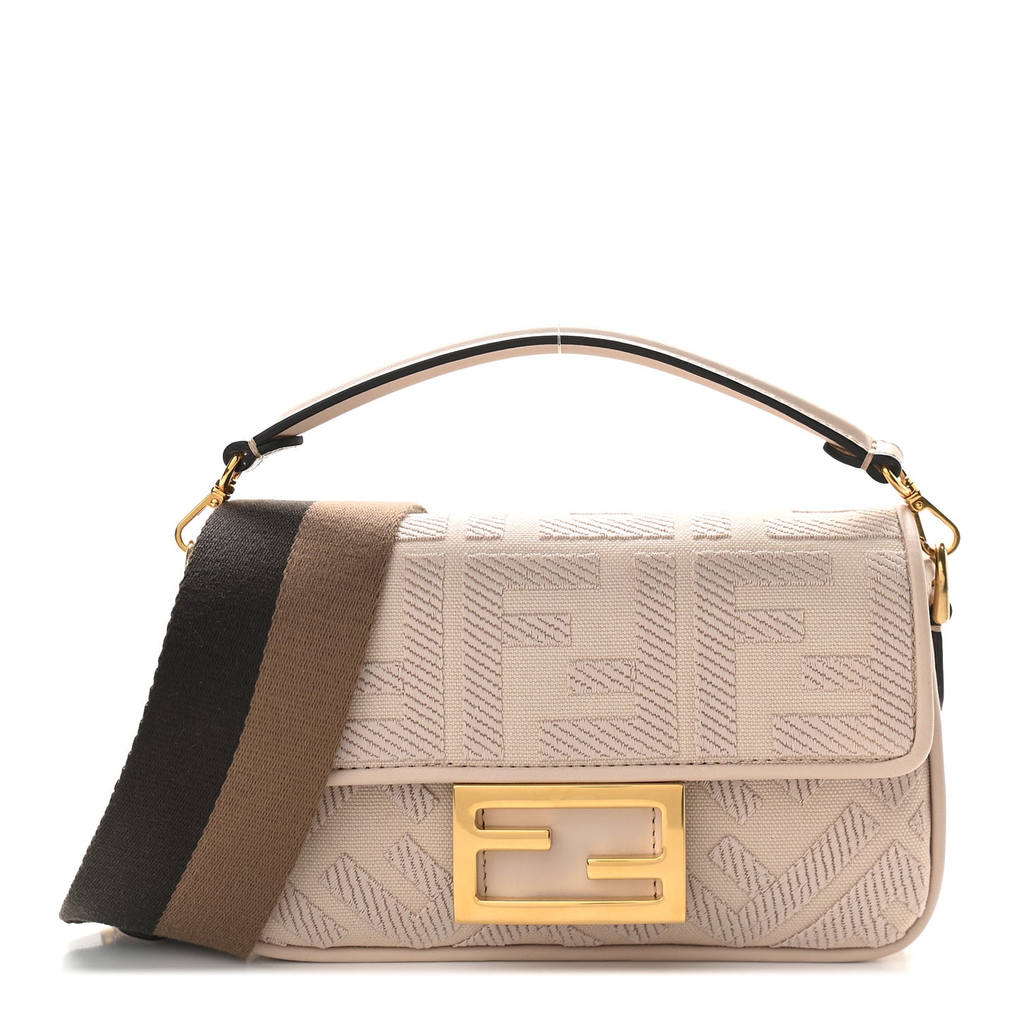 Canvas Vitello King Bi-Color Strap FF Embroidered Mini Baguette Poudre