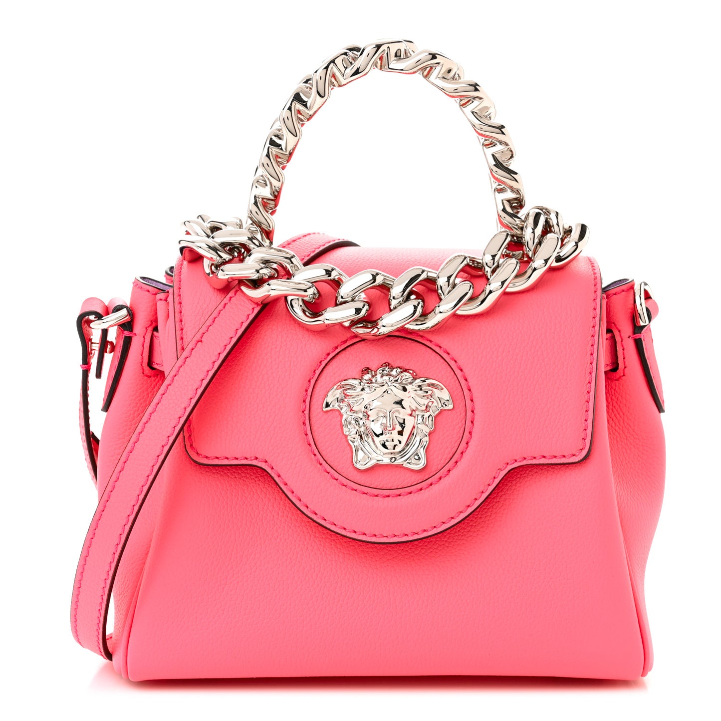 Grained Calfskin Small Chain La Medusa Top Handle Bag Pink