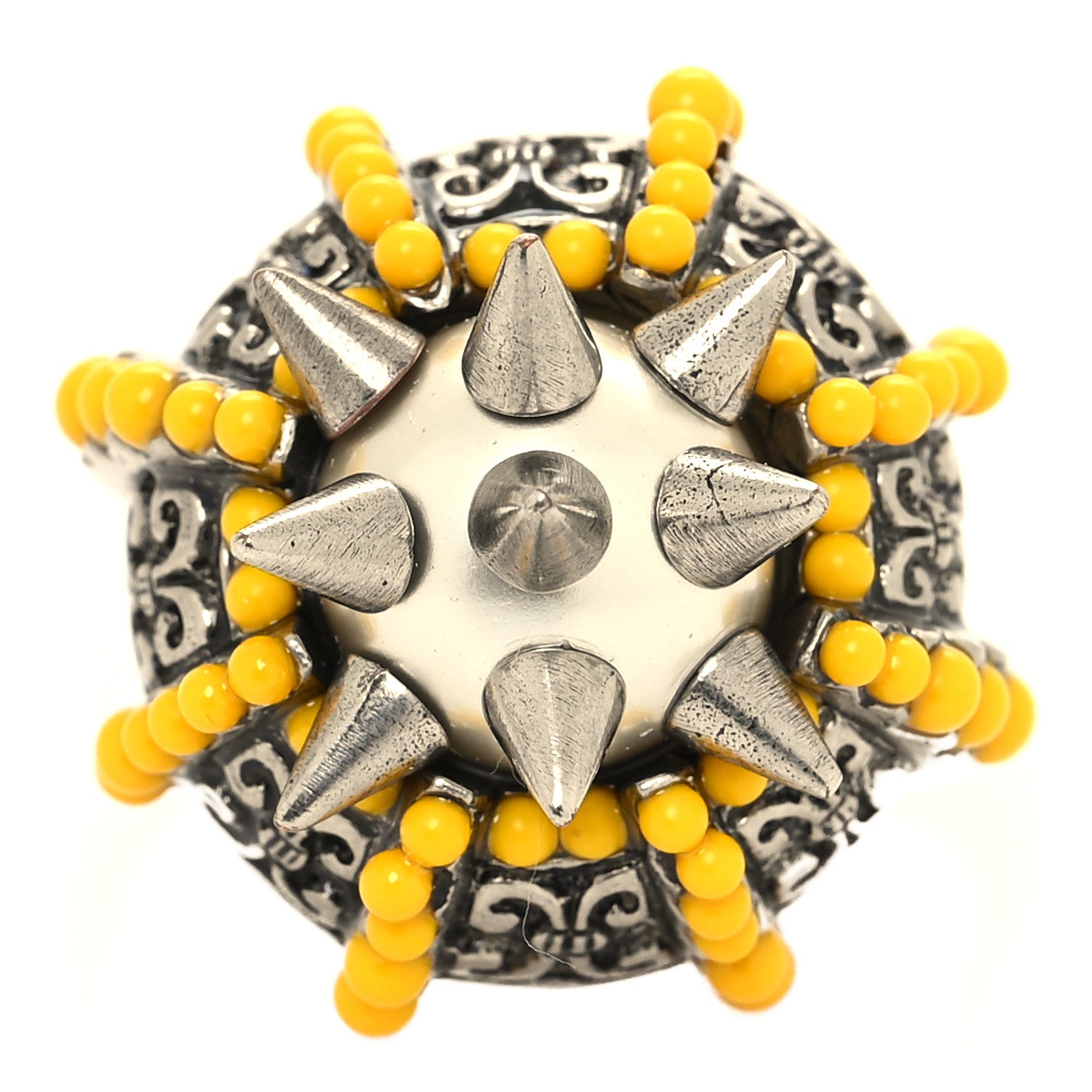 Gucci Pearl Beaded Spiked Ring 70 13 Silver Yellow 1 of 4