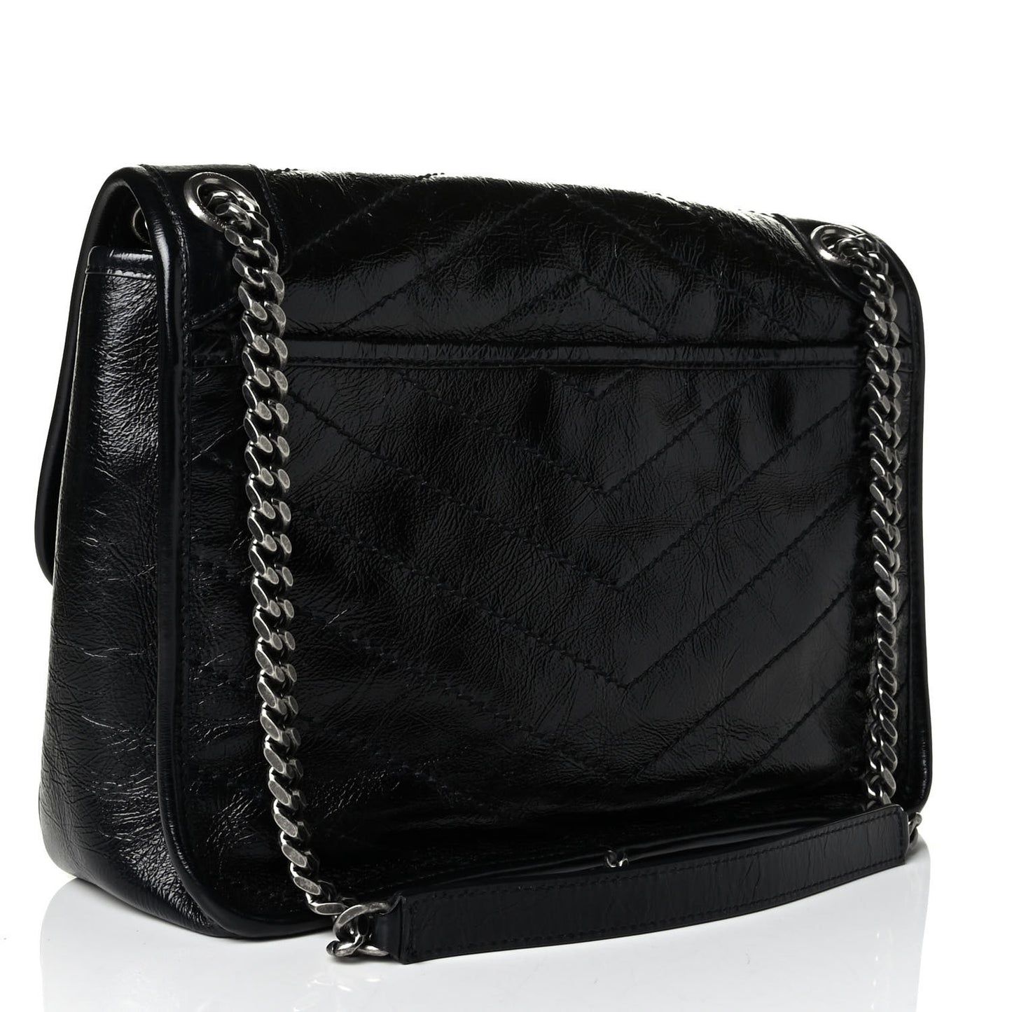 Crinkled Calfskin Matelasse Monogram Medium Niki Chain Satchel Black