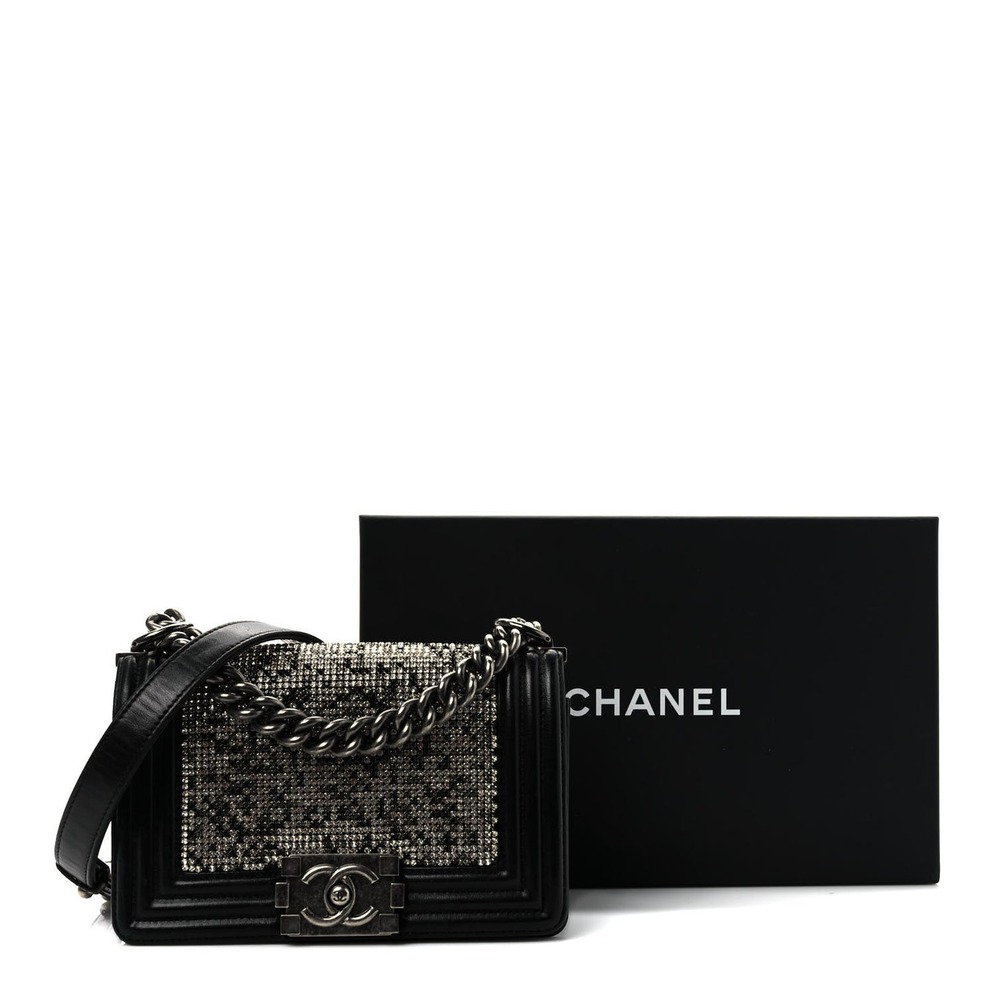 Calfskin Crystal Studded Small Studded Boy Flap Black