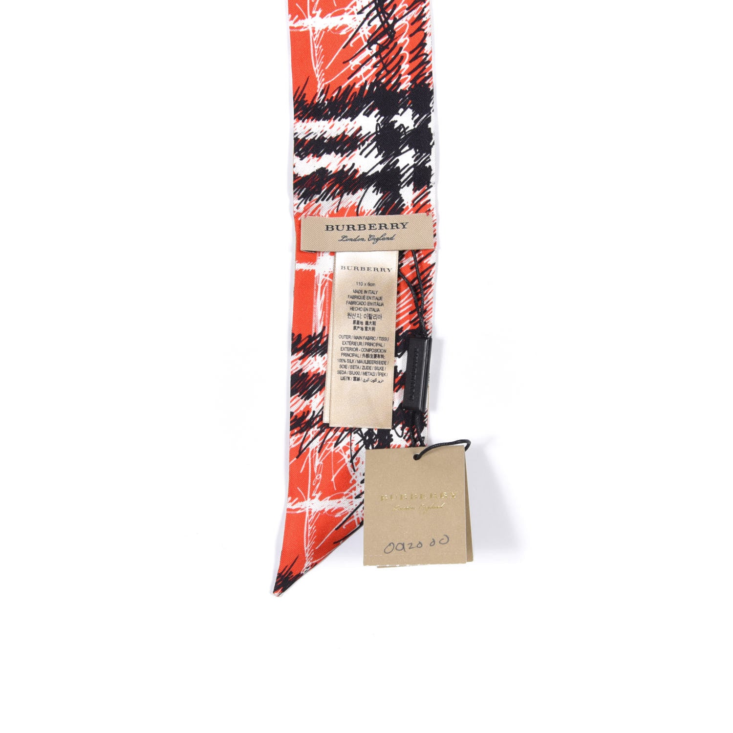 Burberry Silk Disruptive Check Scribble Print Skinny Scarf Bright Red 2 of 3