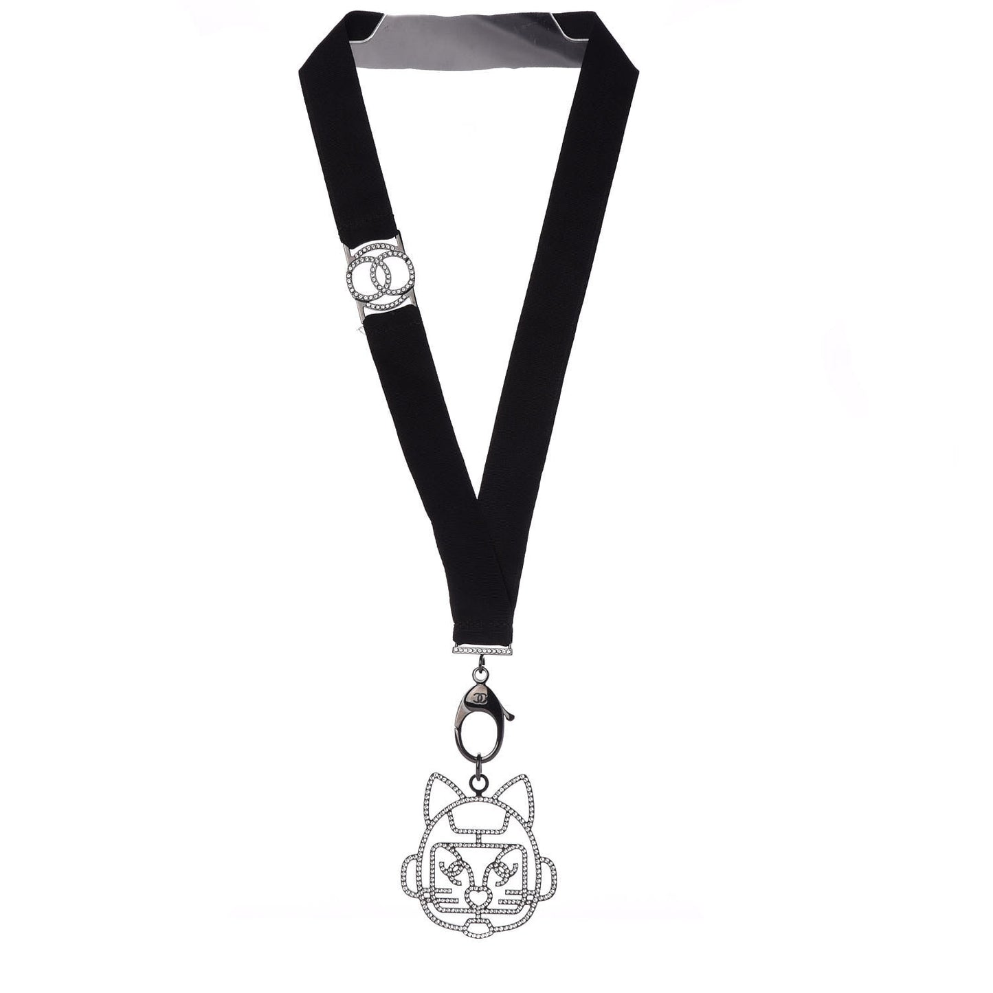 Crystal CC Emoji Robot Cat Lanyard Necklace Black Silver