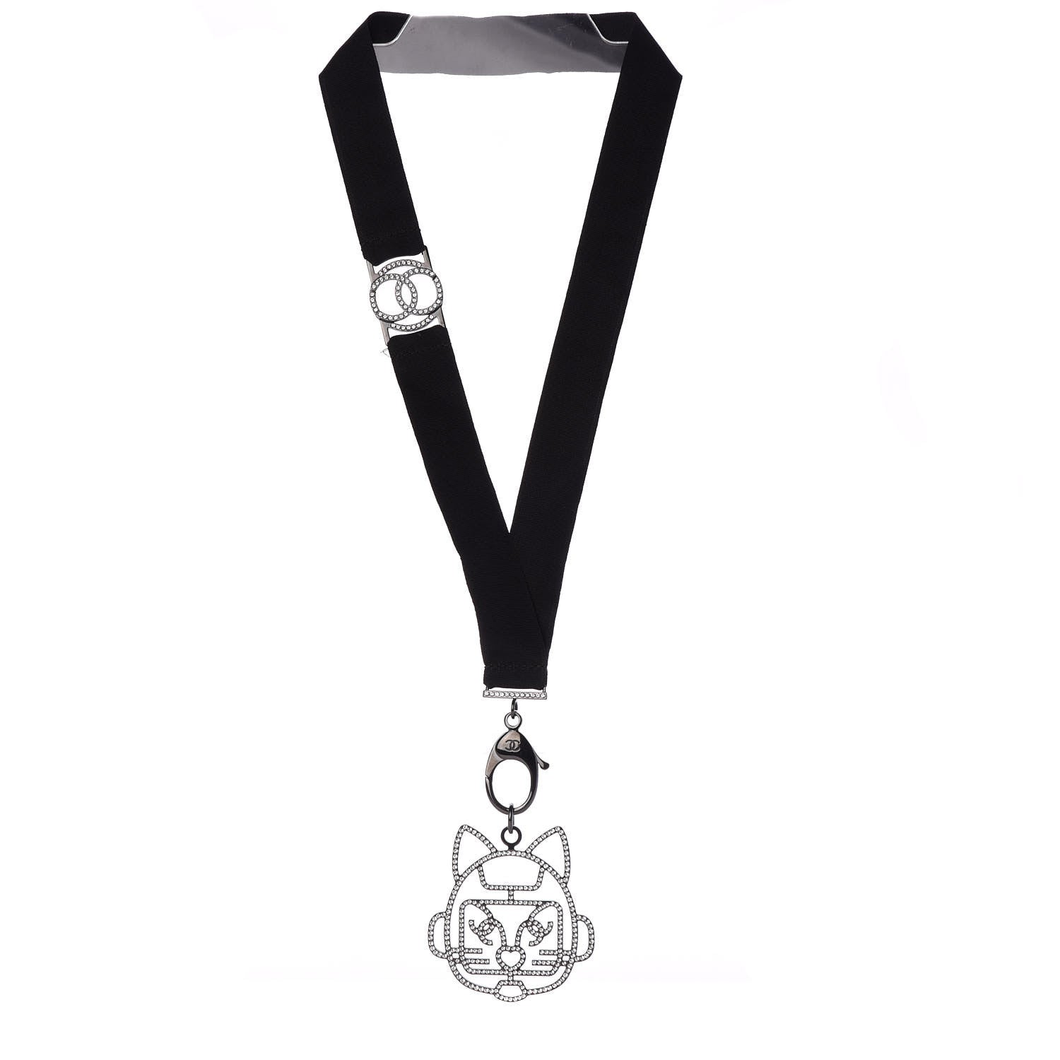 Chanel Crystal CC Emoji Robot Cat Lanyard Necklace Black Silver 2 of 6