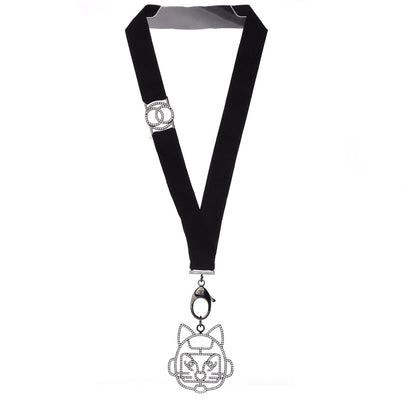 Chanel Crystal CC Emoji Robot Cat Lanyard Necklace Black Silver 2 of 6