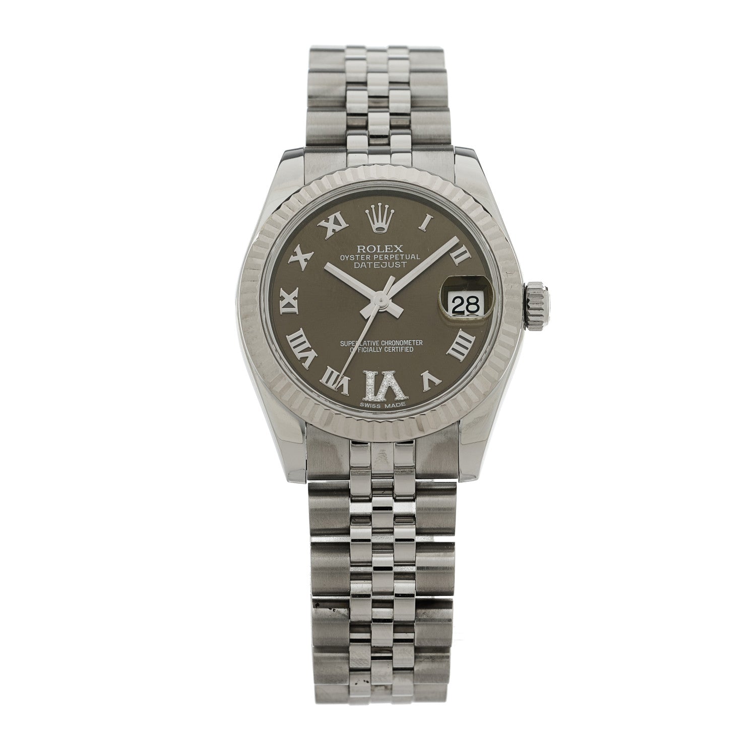 Rolex Stainless Steel 18K White Gold Diamond 31mm Oyster Perpetual Datejust Watch Dark Grey Roman 178274 1 of 5