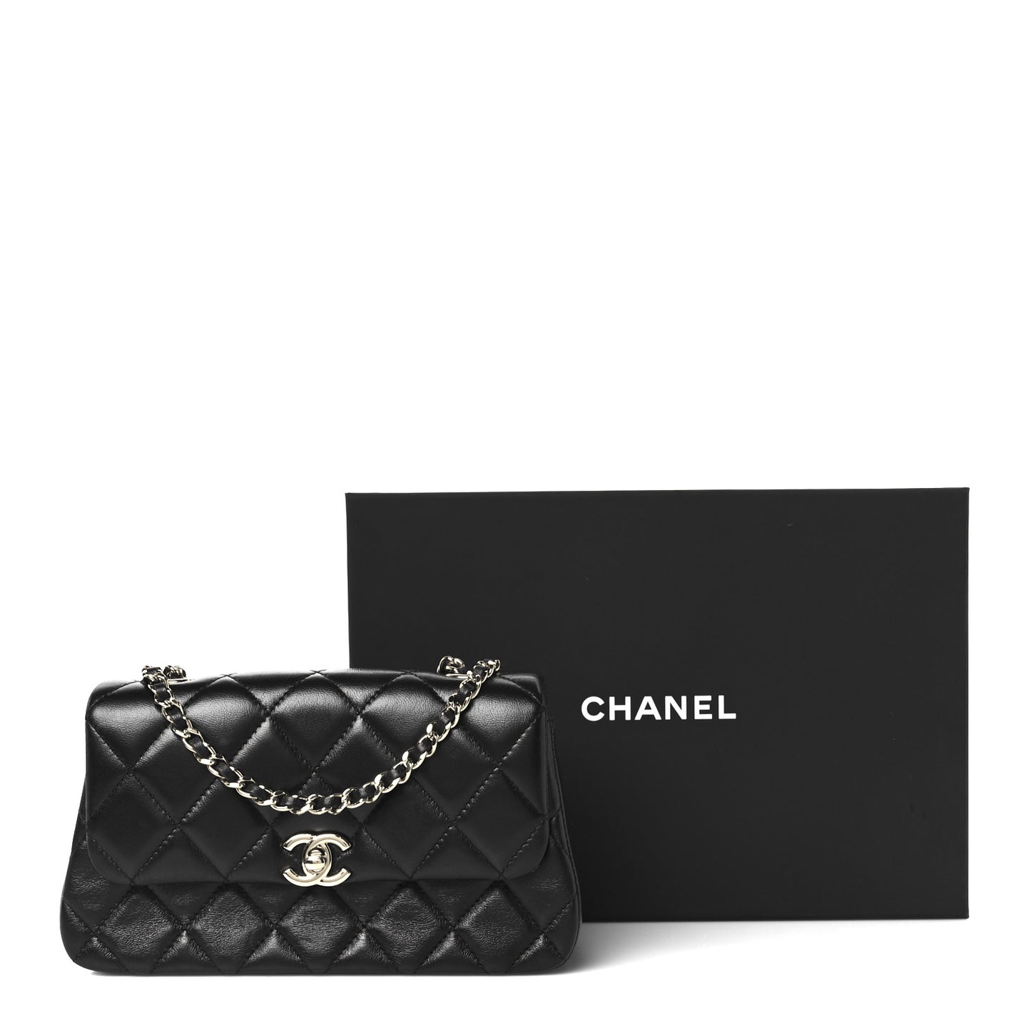 Lambskin Quilted Rectangular Phone Holder Clutch With Chain Black