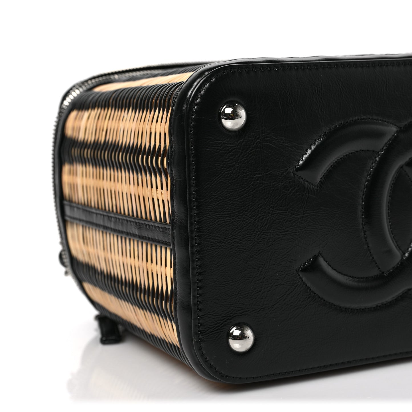 Glazed Calfskin Raffia Vanity Case Bag Black Beige
