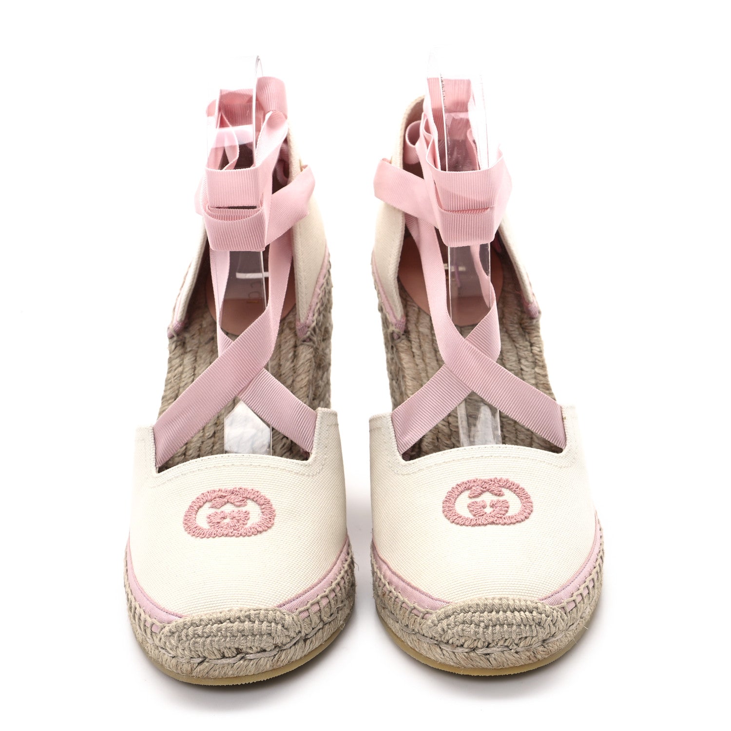 Gucci Canvas Grossgrain Embroidered Judit Ankle Wrap Platform 35/120mm Espadrille Wedges 40.5 White Shell 3 of 10
