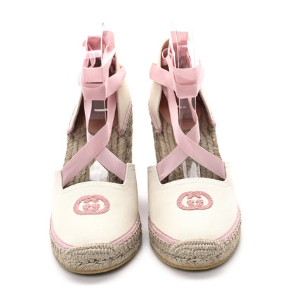 Gucci Canvas Grossgrain Embroidered Judit Ankle Wrap Platform 35/120mm Espadrille Wedges 40.5 White Shell 3 of 10