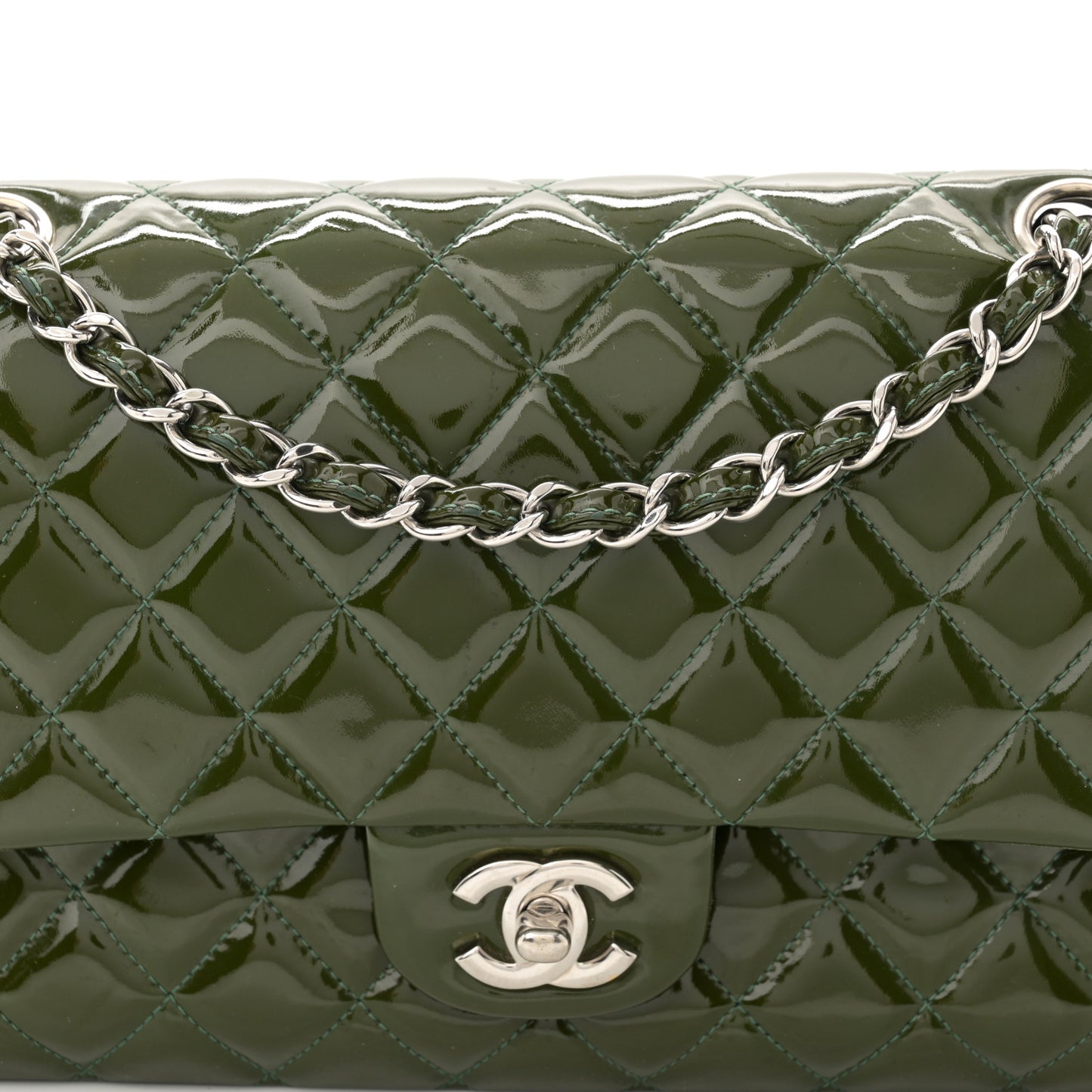 Patent Calfskin Quilted Medium Double Flap Green