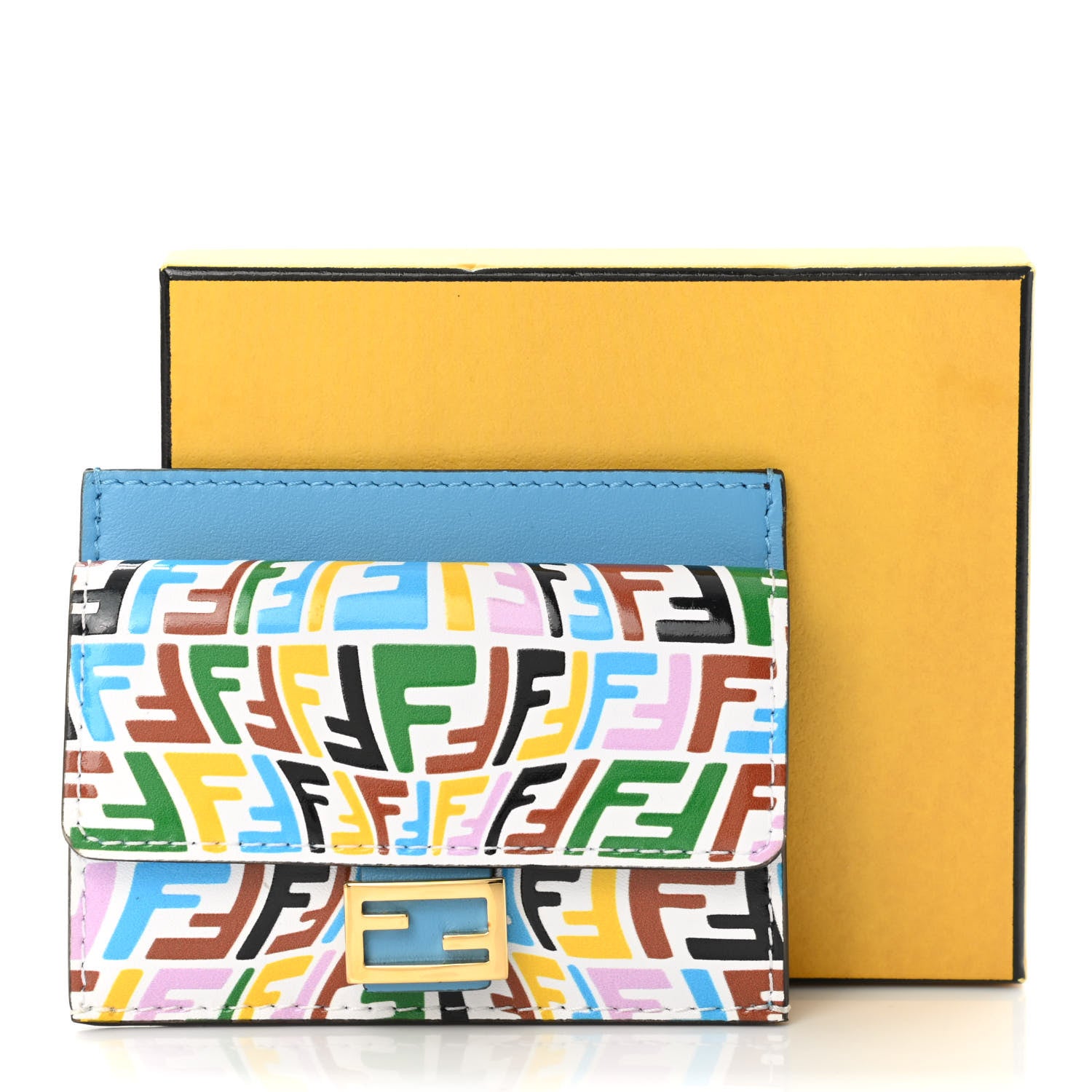 Fendi X SARAH COLEMAN Vitello Liberty Ceylon Micro FF Fish Eye Embossed Fold Over Card Holder Wallet Multicolor Cyber Blue 10 of 10