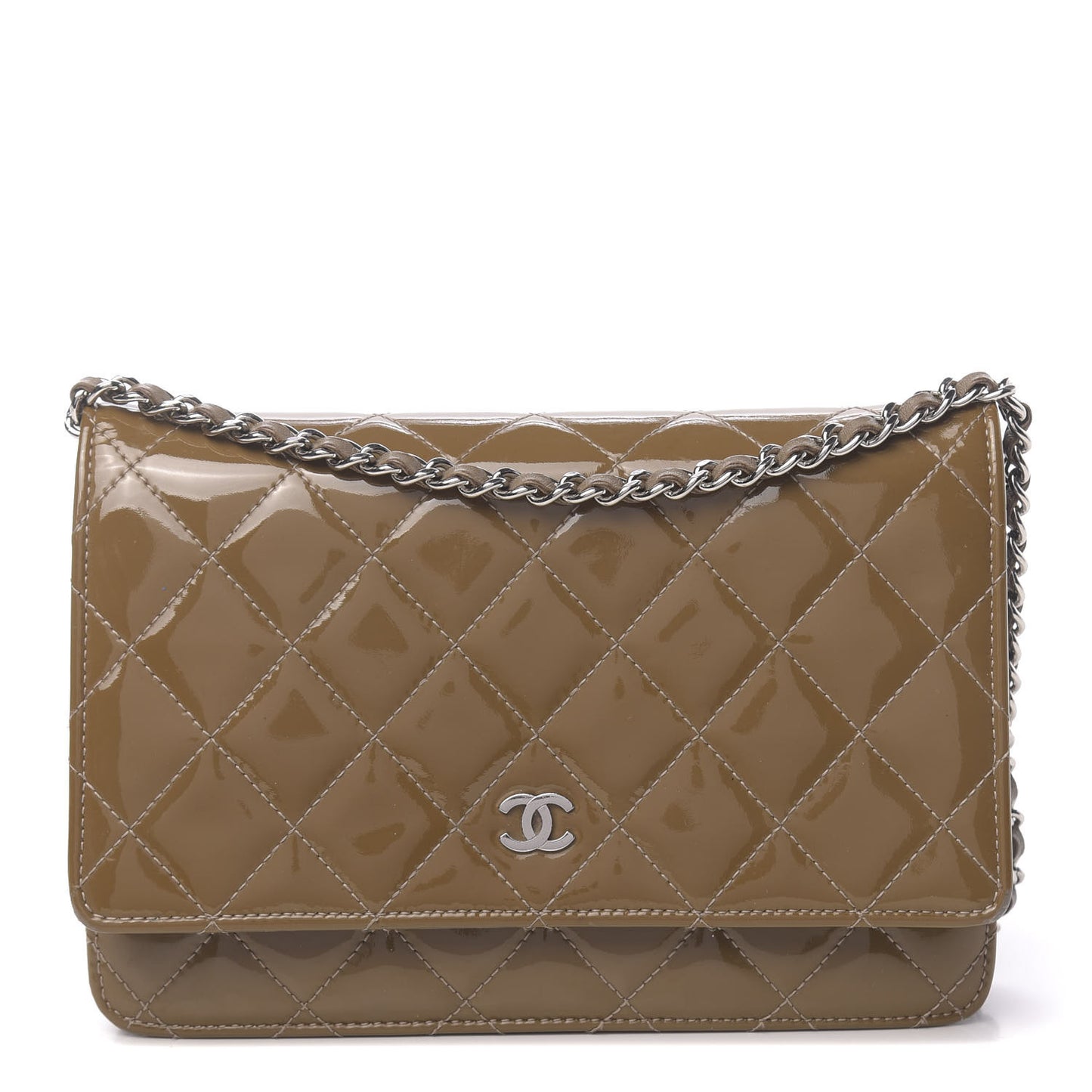 Patent Quilted Wallet On Chain WOC Brown
