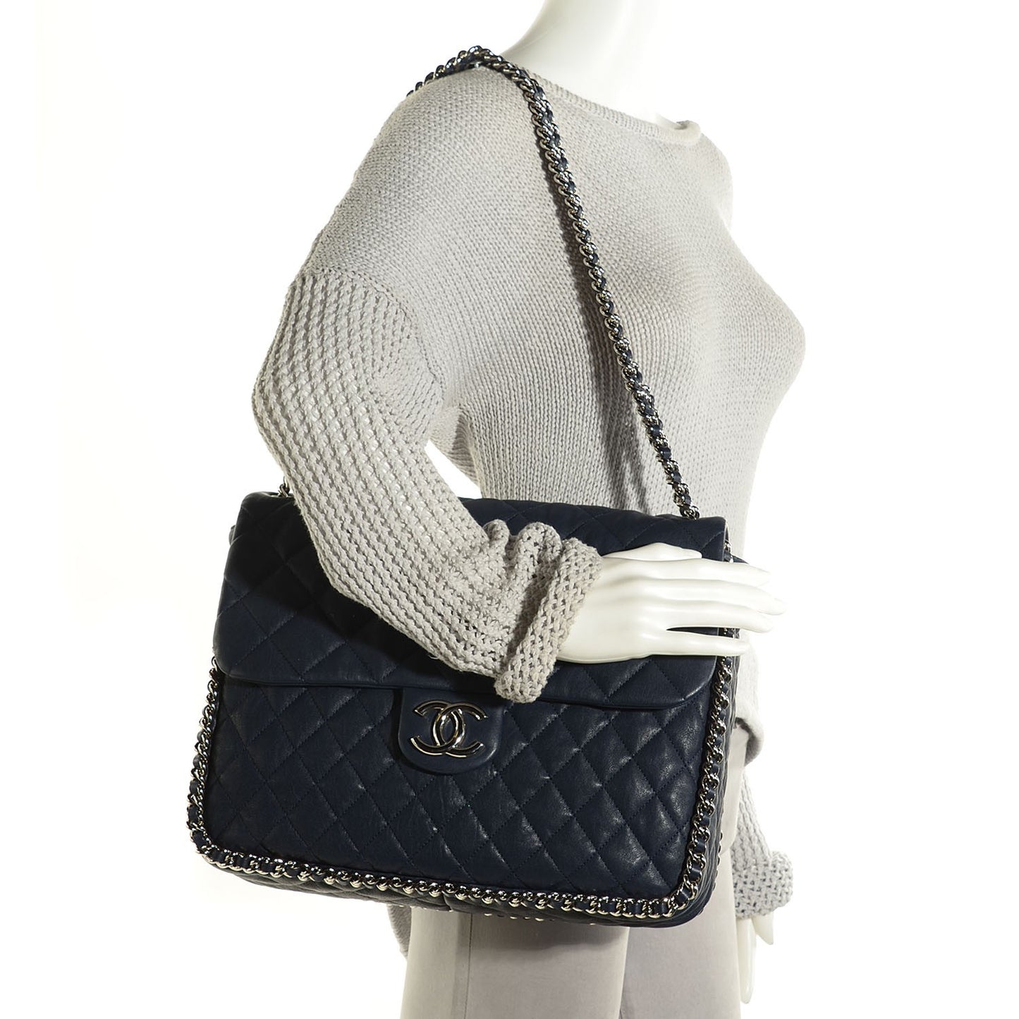 Washed Lambskin Quilted Chain Around Maxi Flap Dark Navy Blue