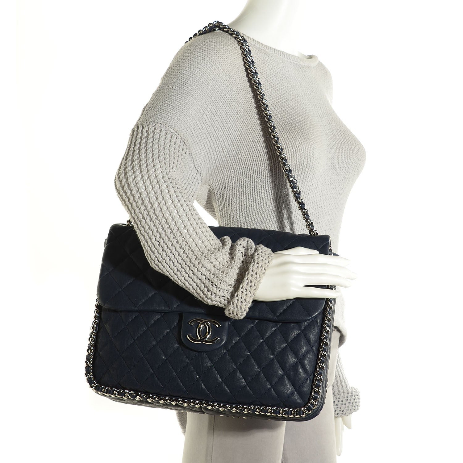 Chanel Washed Lambskin Quilted Chain Around Maxi Flap Dark Navy Blue 2 of 8