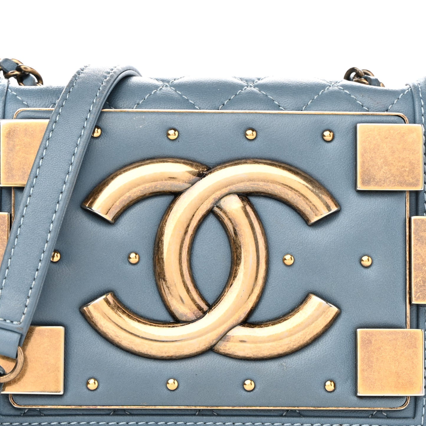 Lambskin Quilted Studded Boy Brick Flap Light Blue
