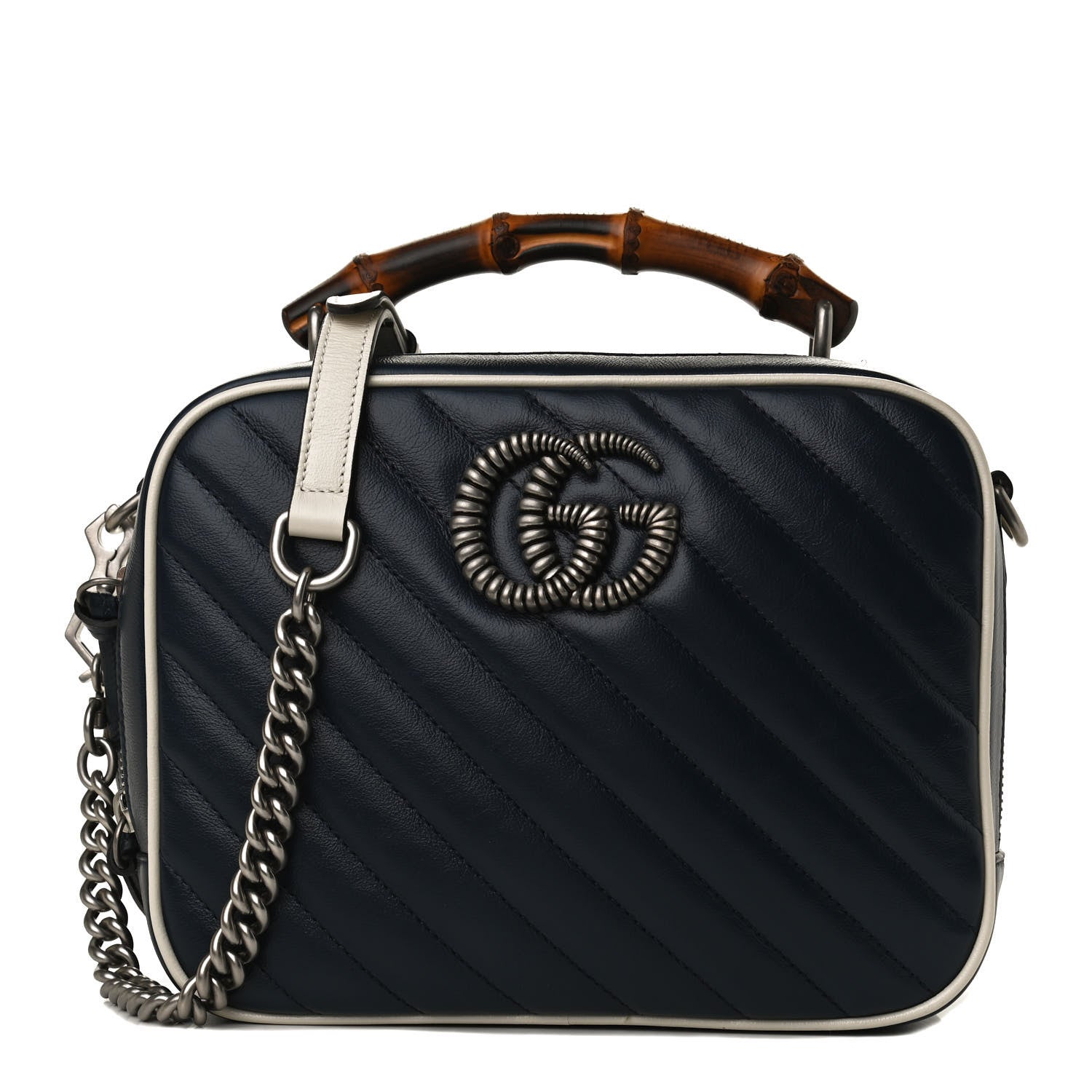 Gucci Vintage Effect Calfskin Matelasse Diagonal Small Torchon GG Marmont Bamboo Top Handle Shoulder Bag Blue Agata Mystic White 1 of 11