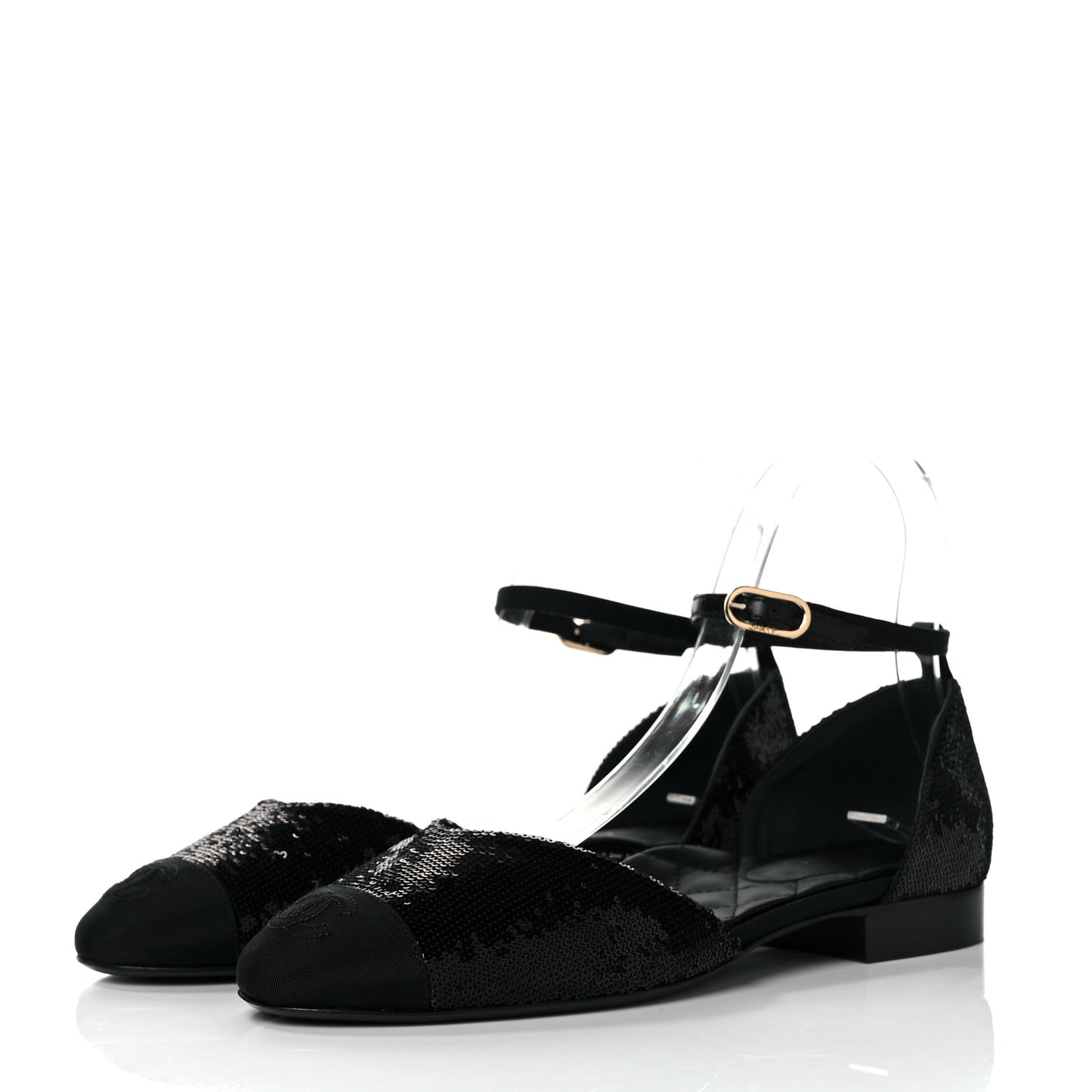 Sequin Grosgrain CC Cap Toe Ankle Flat 37.5 Black