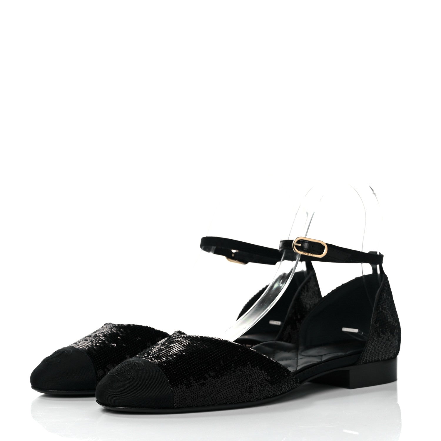 Chanel Sequin Grosgrain CC Cap Toe Ankle Flat 37.5 Black 3 of 9