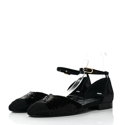Chanel Sequin Grosgrain CC Cap Toe Ankle Flat 37.5 Black 3 of 9