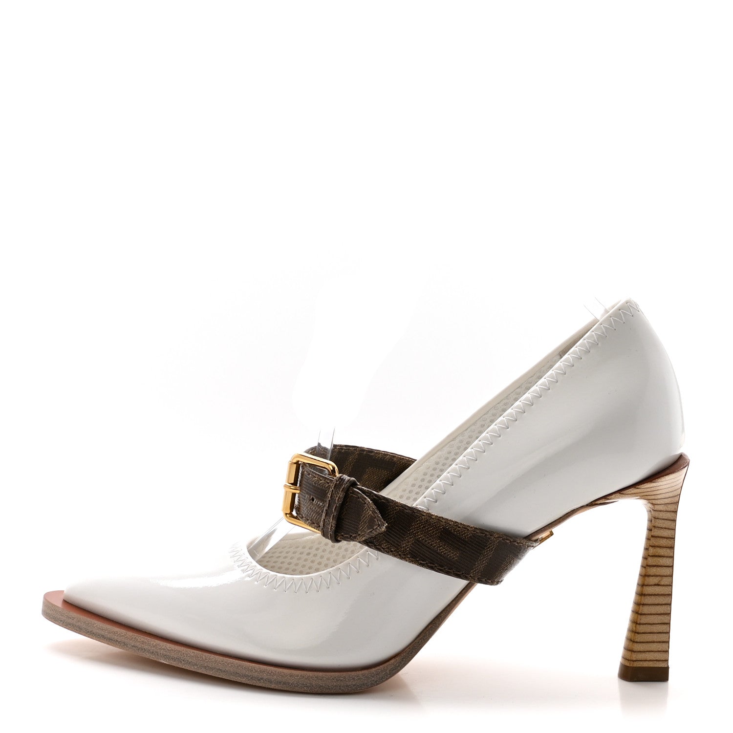 Fendi Glossy Neoprene Glazed Fabric FF FFrame Court Mary Jane Pumps 38 White Tobacco Moro 1 of 8