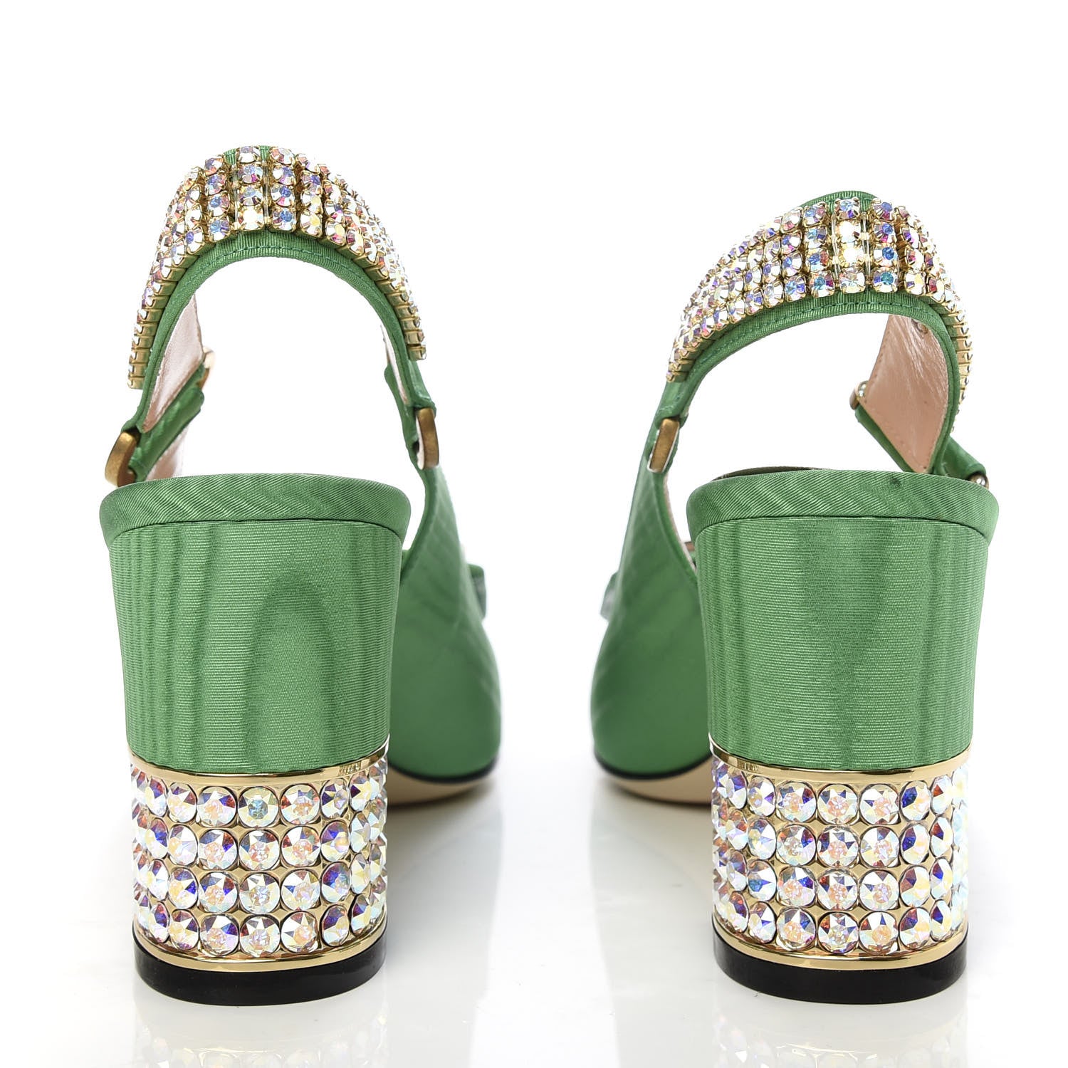 Gucci Moire Fabric Crystal Square G Madelyn Slingbacks 37 New Shamarock 6 of 10