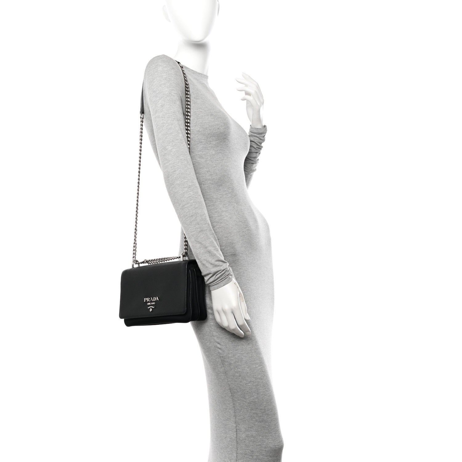 Prada Saffiano Tessuto Nylon Chain Shoulder Bag Black 2 of 10