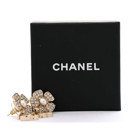 Chanel Pearl Crystal CC Flower Drop Earrings Gold White 5 of 5