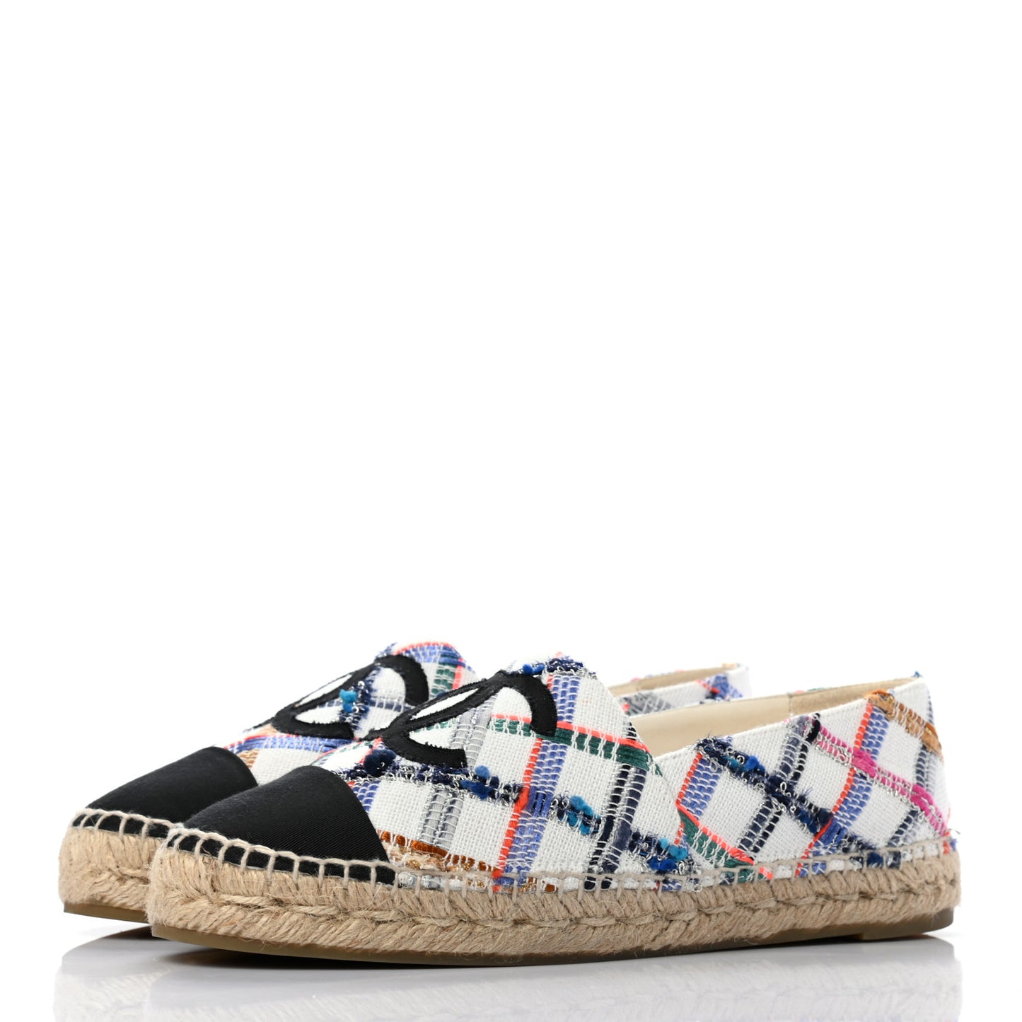 Tweed Grosgrain CC Espadrilles 39 White Blue Pink Green Black
