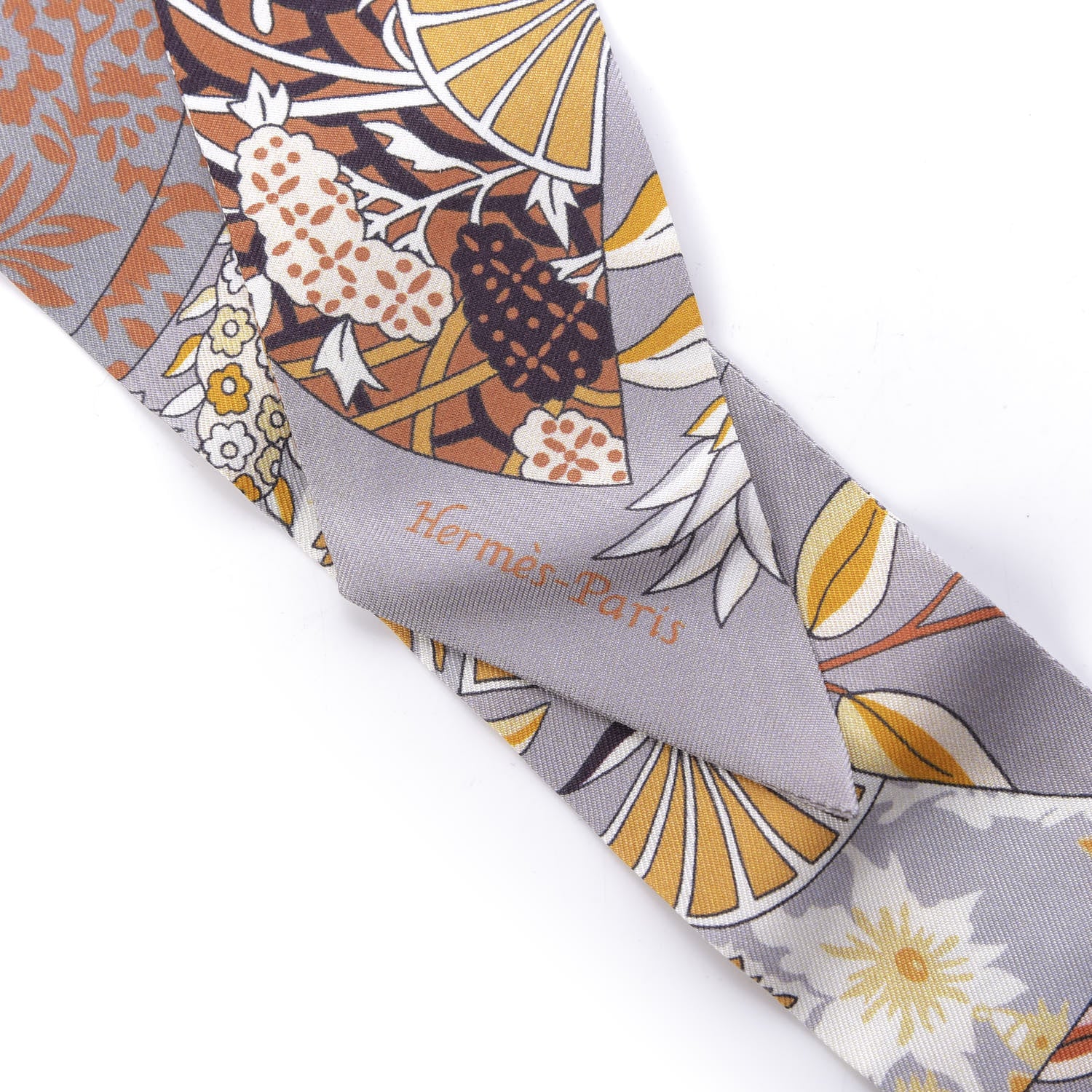 Hermes Silk Fleurs et Papillons de Tissus Twilly Gris Perle Brun Or 3 of 5