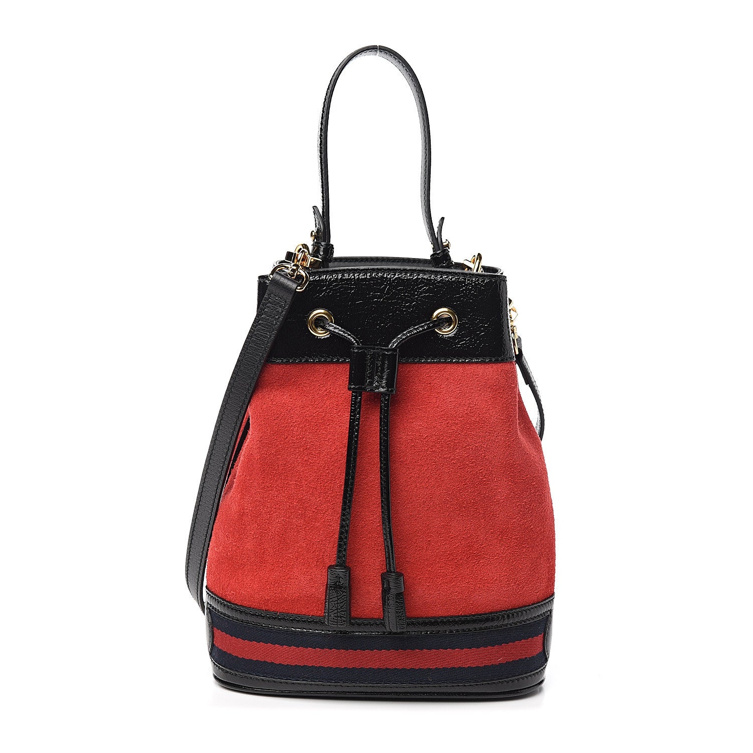 Gucci Suede Patent Web Small Ophidia Bucket Bag Hibiscus Red Black 1 of 9