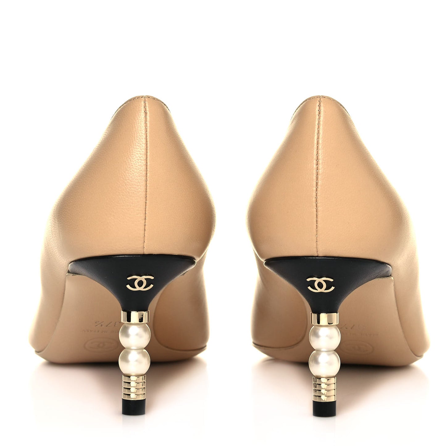 Lambskin Grosgrain Cap Toe CC Pearl Pumps 37.5 Beige Black