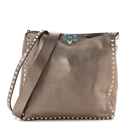 Valentino Garavani Metallic Pebbled Calfskin Large Rockstud Flip-Lock Messenger Bag Sasso 1 of 8