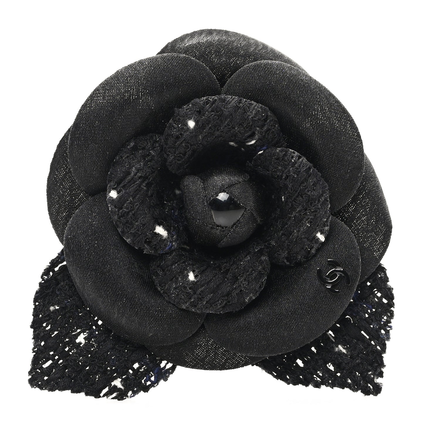 Tweed Camellia Pin Brooch Black White