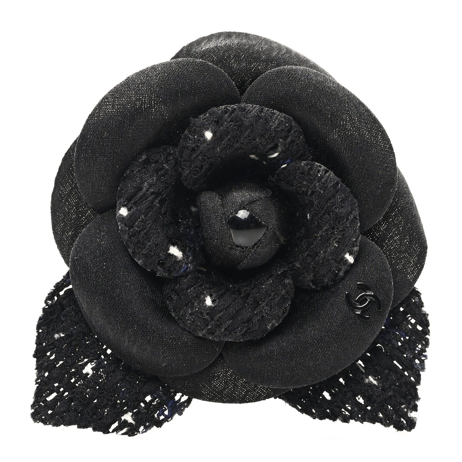 Chanel Tweed Camellia Pin Brooch Black White 1 of 3