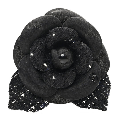 Chanel Tweed Camellia Pin Brooch Black White 1 of 3