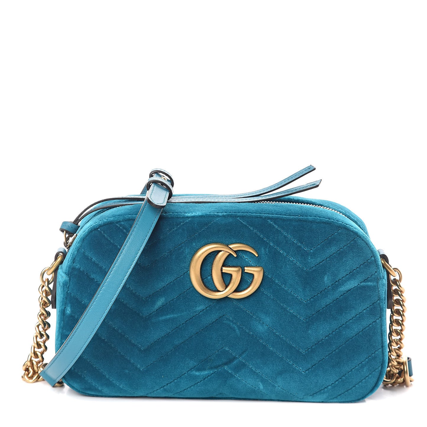 Velvet Matelasse Small GG Marmont Chain Shoulder Bag Pavone Cyan