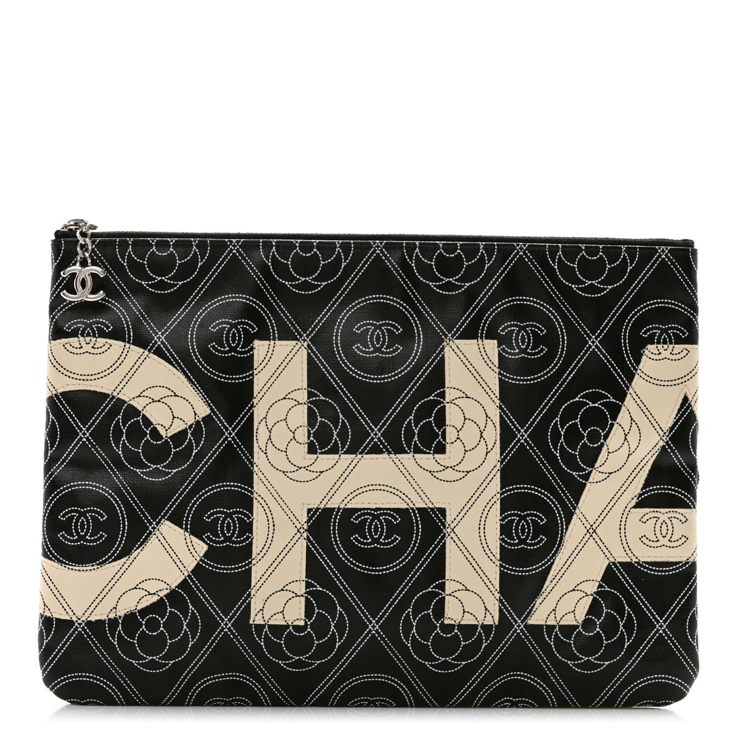 Coated Canvas Calfskin Camellia Printed Pouch Black Beige