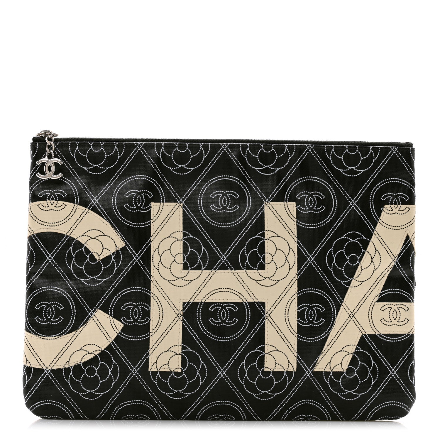 Chanel Coated Canvas Calfskin Camellia Printed Pouch Black Beige 1 of 9