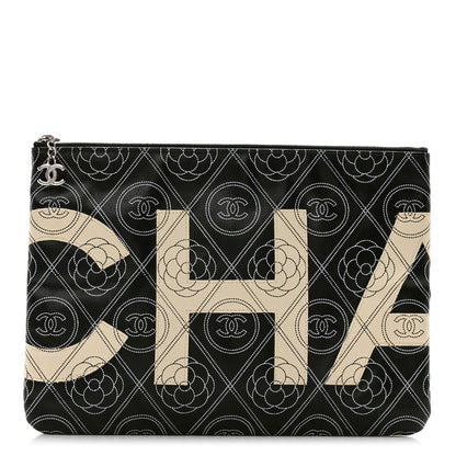 Chanel Coated Canvas Calfskin Camellia Printed Pouch Black Beige 1 of 9