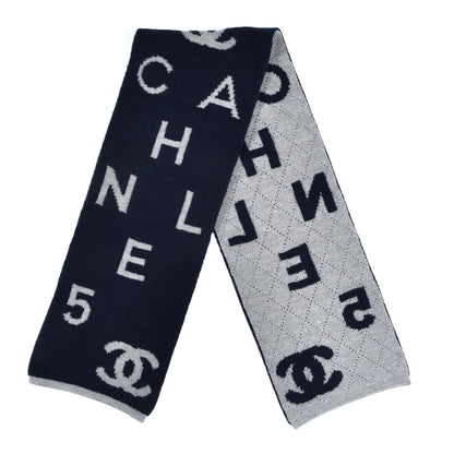 Chanel Wool Cashmere Silk CC Scarf Navy Blue Grey 2 of 3