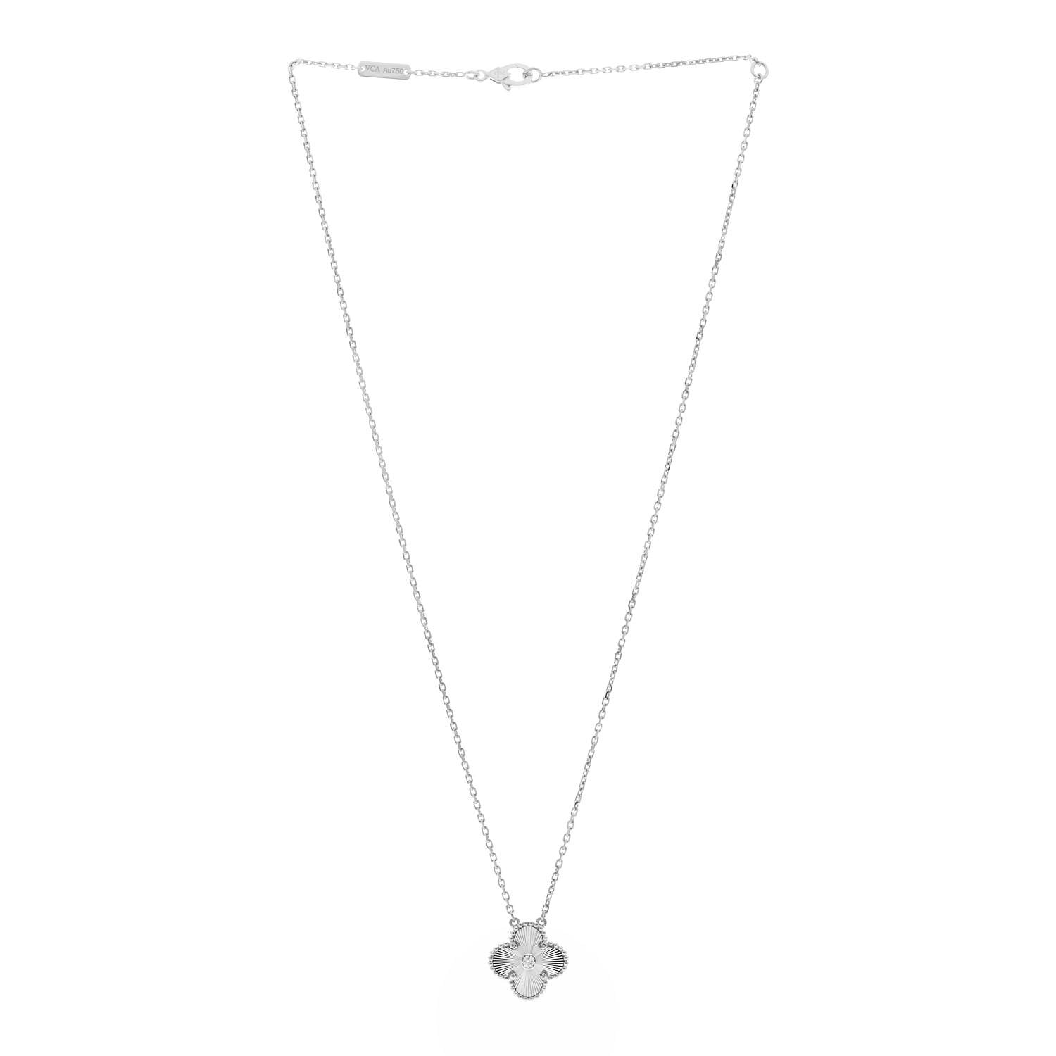 Van Cleef & Arpels 18K White Gold Diamond Guilloche Vintage Alhambra Pendant Necklace 3 of 6
