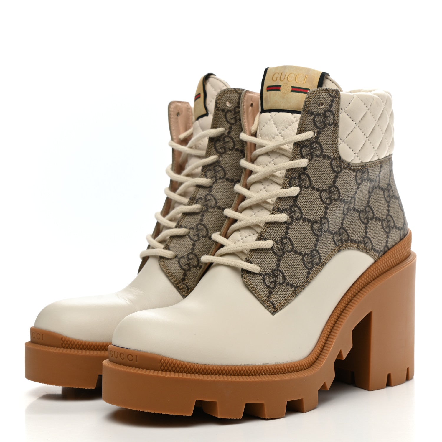 Gucci Calfskin GG Supreme Monogram Nappa Quilted Lace Up Ankle Boots 38.5 Mystic White Beige 3 of 14